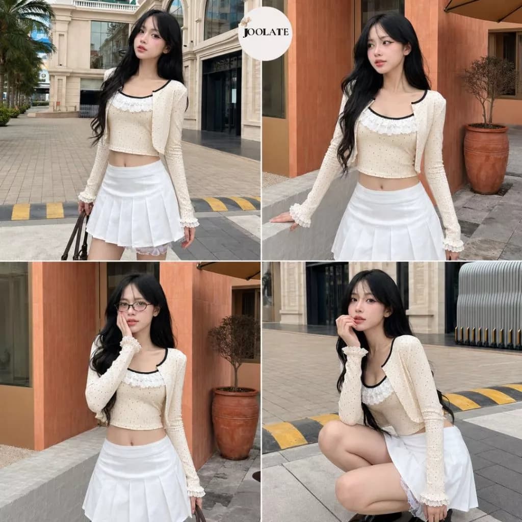 Set Áo Cardigan Tim Phối Ren Kèm Áo Hai Dây Nữ Mỏng Mềm Co Giãn 4 Chiều Phong Cách Thu Đông Joolate  SetA63