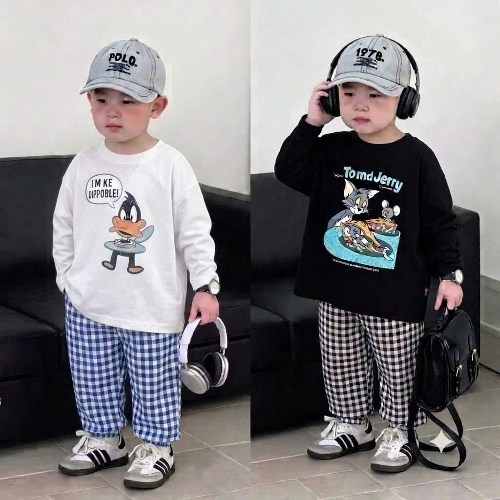 Bộ quần áo dài tay cho bé Tom và Duck, bộ mặc nhà bộ ngủ quần ống xuông cho bé trai bé gái