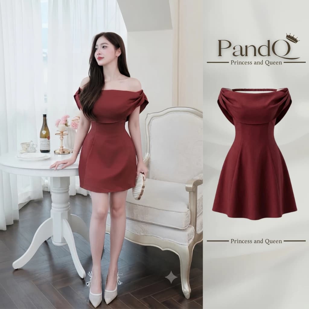 Váy trễ vai nữ PandQ hở lưng nơ sau lưng dáng xòe cao cấp phong cách tiểu thư | vd0121