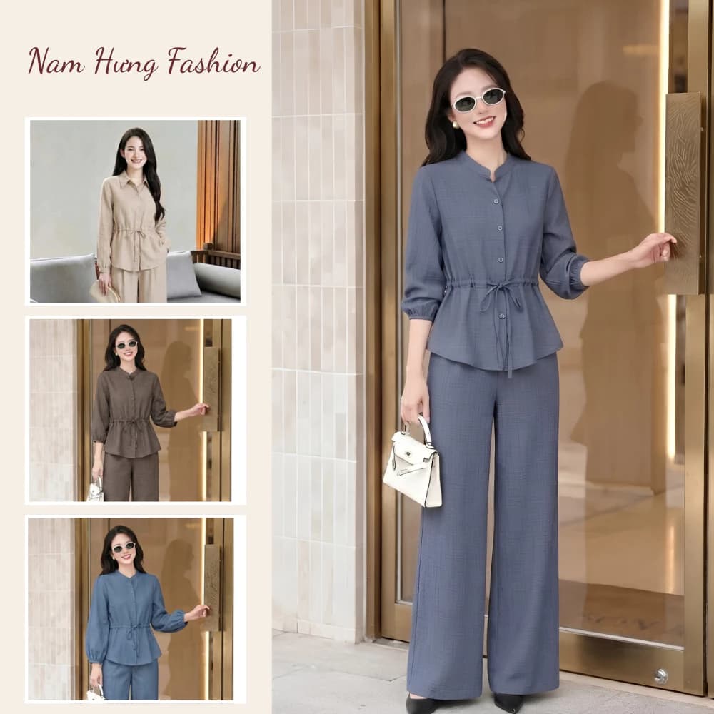 Set đũi vân mây cổ tàu thắt eo tôn dáng kèm quần ống duông dáng dài thanh lịch - Nam Hưng fashion