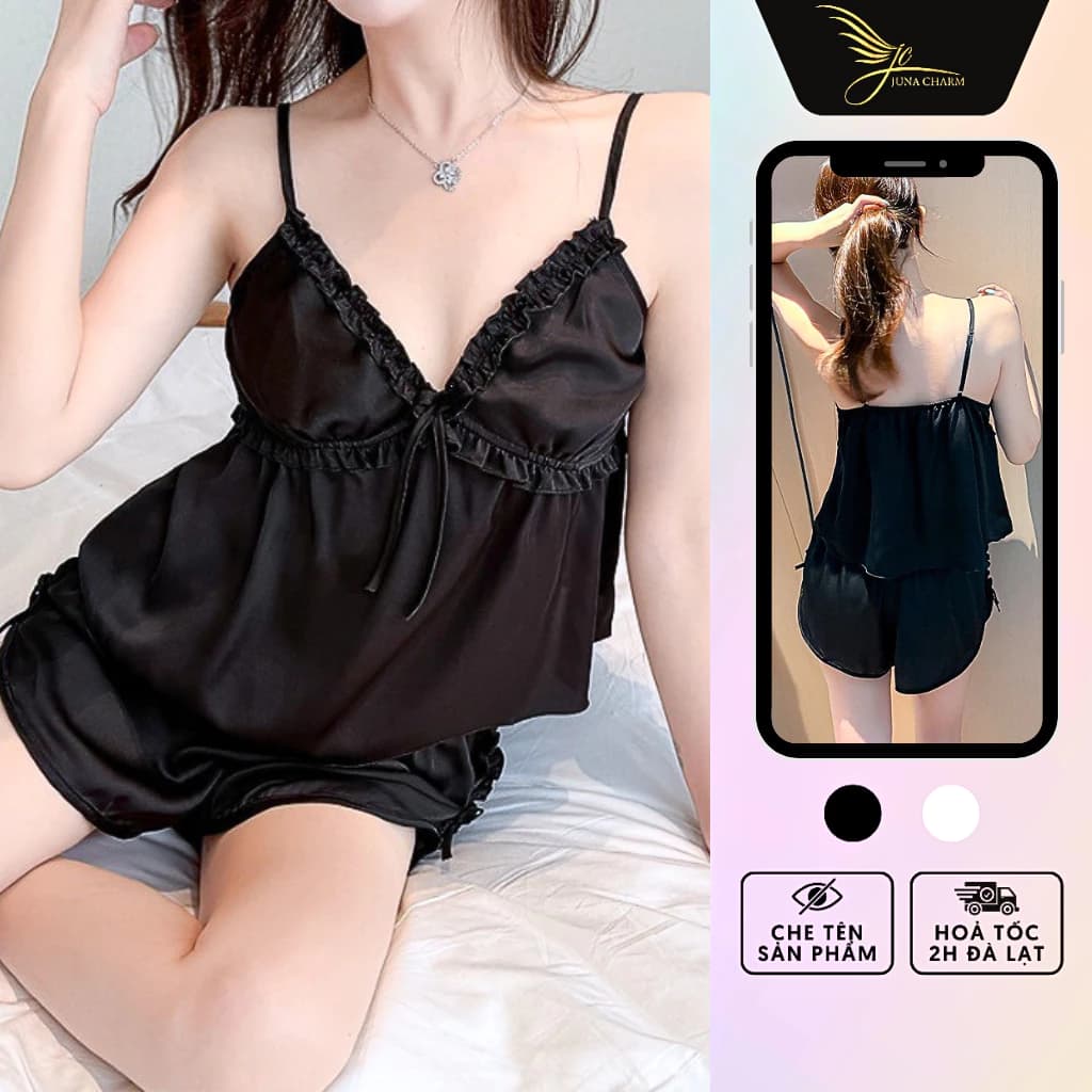Bộ Ngủ 2 Dây Quần Đùi, Đồ Mặc Nhà JUNA Freesize Thời Trang Đồ Ngủ Dành Cho Nữ, Chất Vải Lụa Tơ Cao Cấp, Màu Đen/SP5362