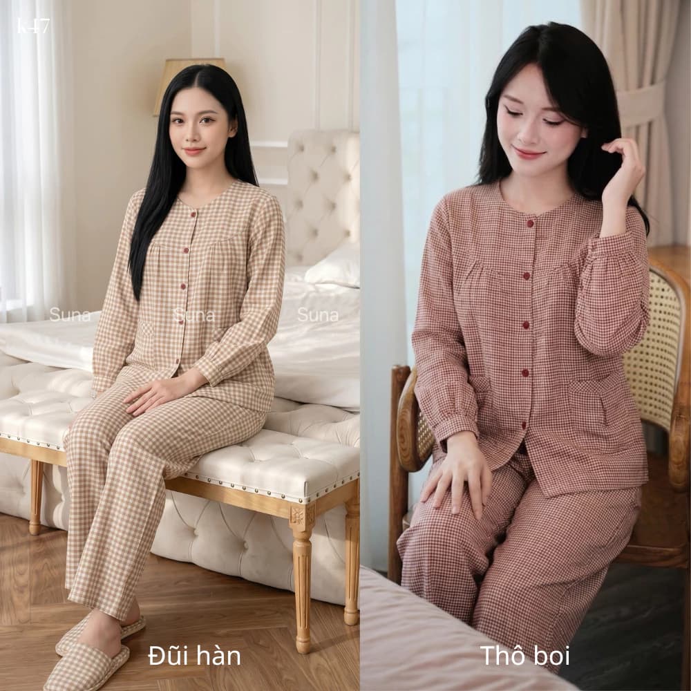 K47-Đồ Mặc Nhà Đẹp-Đồ Pijama Nữ Kẻ Caro Chất Mềm Mịn,Thoải Mái,Quần Dài Có Túi, Xếp Ly Ngực Suna Clothing