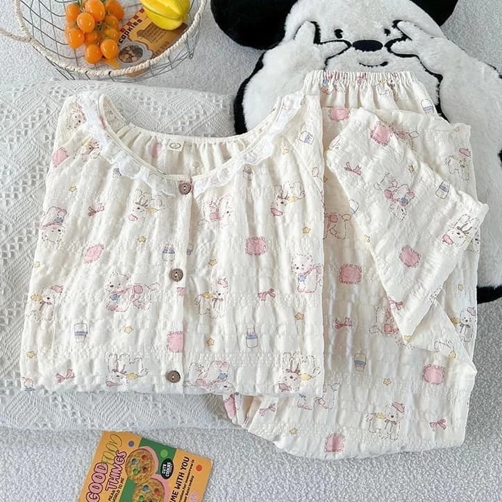 [Sẵn] Bộ ngủ pyjama nữ áo dài quần dài nhiều hoạ tiết đũi nhăn cổ tròn viền ren tiểu thư mặc nhà 689