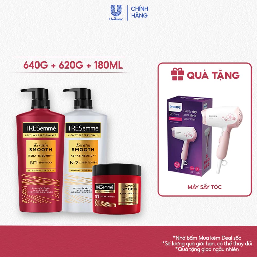 [Live] Combo Dầu Gội - Dầu Xả - Kem Ủ Tresemme Keratin Smooth/ Bond Repair Cho Tóc Vào Nếp 640g,620g,180ml