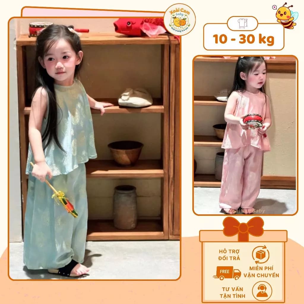 Set Bé Gái Áo Sát Nách Quần Dài Suông Chất Lụa, Set Đồ Trung Thu Cho Bé Chụp Ảnh, Đi Chơi, Mặc Xinh - M70