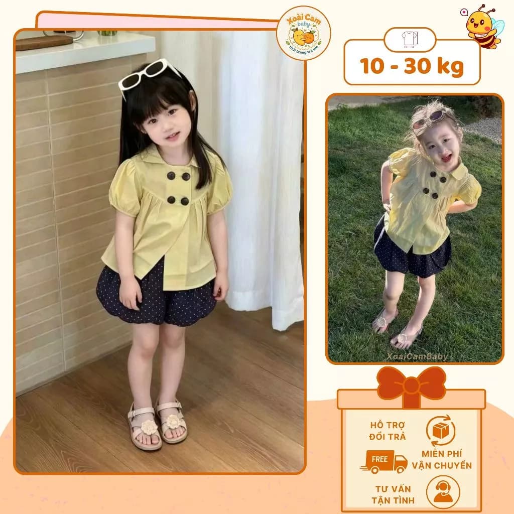 Set Bộ Bé Gái Áo Vàng Tay Phồng Phối Chân Váy Chấm Bi Hàn Quốc Cao Cấp, Đồ Đi Chơi Cho Bé 2-7 Tuổi - M72
