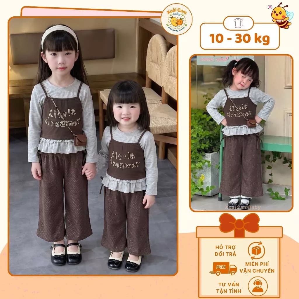 Set Bé Gái Áo Thun Dài Tay Phối Yếm Nâu Quần Ống Rộng, Set Đồ Thu Đông Phong Cách Hàn Quốc Cho Bé Gái Đi Học,Đi Chơi-M75