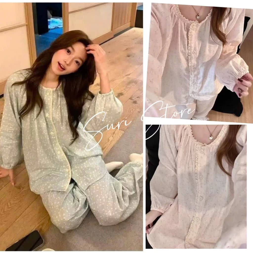 Bộ Ngủ Pyjama Mặc Nhà Nữ Dài Tay Họa Tiết Hoa Nhí 2 Màu Xanh, Hồng, Phong Cách Vintage Cho Cô Gái Ngọt Ngào