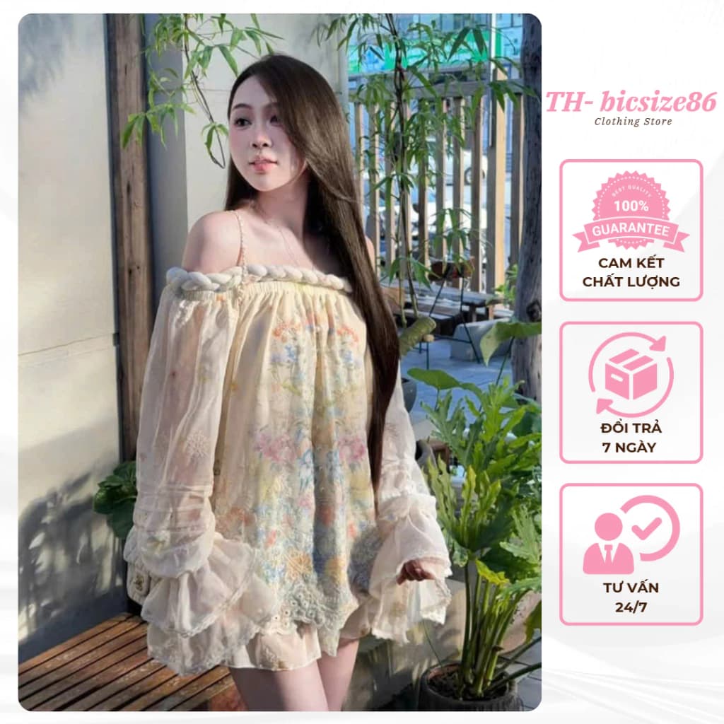 Set áo trễ vai dài tay mix quần đùi chi tiết hoa thêu sang chảnh form dưới 60kg