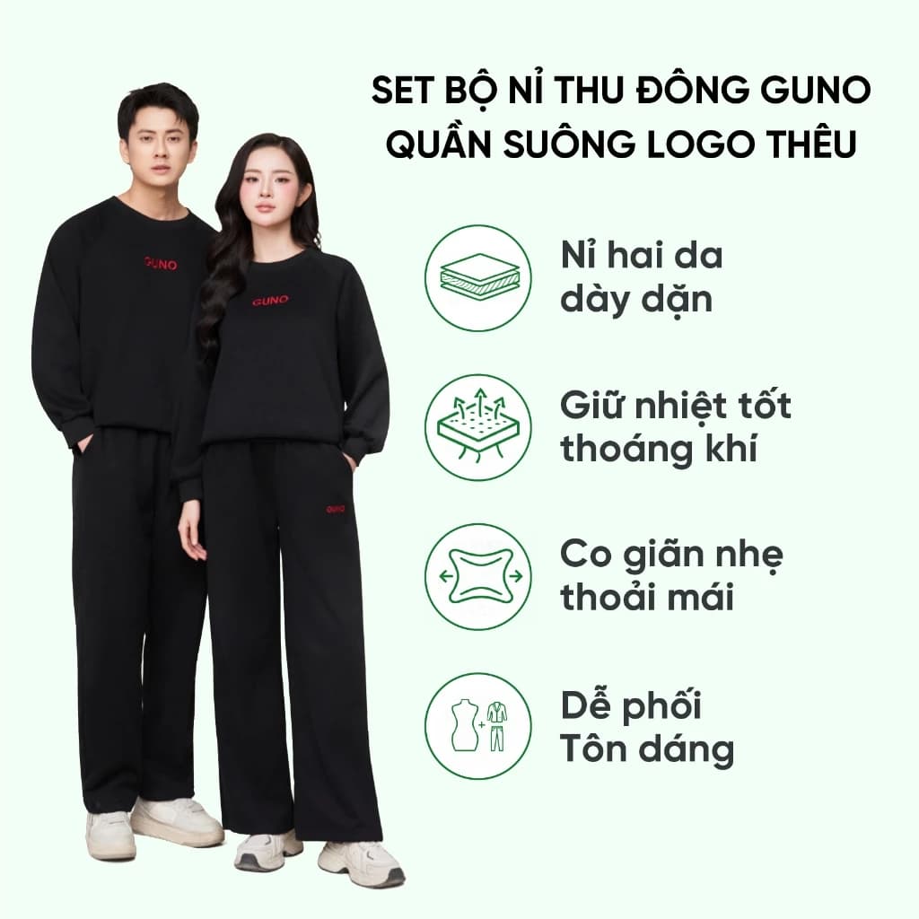 [HOT] Bộ quần áo nỉ thu đông GUNO nam nữ quần suông logo thêu basic dễ phối 26BG70/BB71