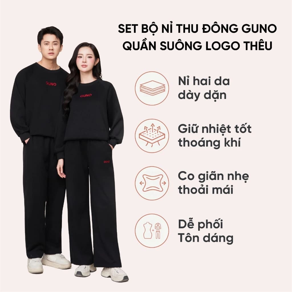 [HOT] Bộ Quần Áo Nỉ Nữ GUNO Cổ Tròn Logo Thêu Kèm Quần Suông Hack Dáng Bộ Thu Đông Cao Cấp 26BG70