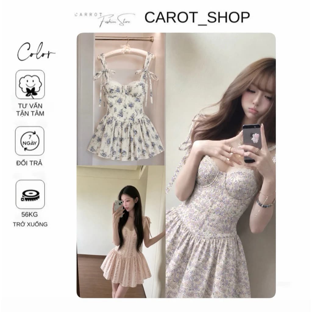 VN144 Đầm 2 dây có mút tôn v1 thắt 2 nơ dễ thương hoạ tiết in hoa nhiều màu dáng xoè by Carrot Shop