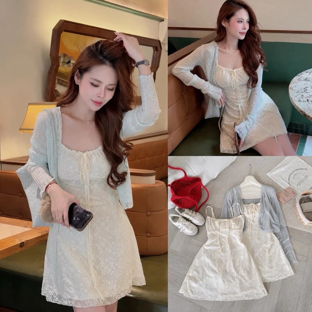 (Hàng Sẵn, Loại 1) Set váy 2 dây ren xốp hoa nổi mix áo khoác cardigan xanh tiffany tiểu thư A152