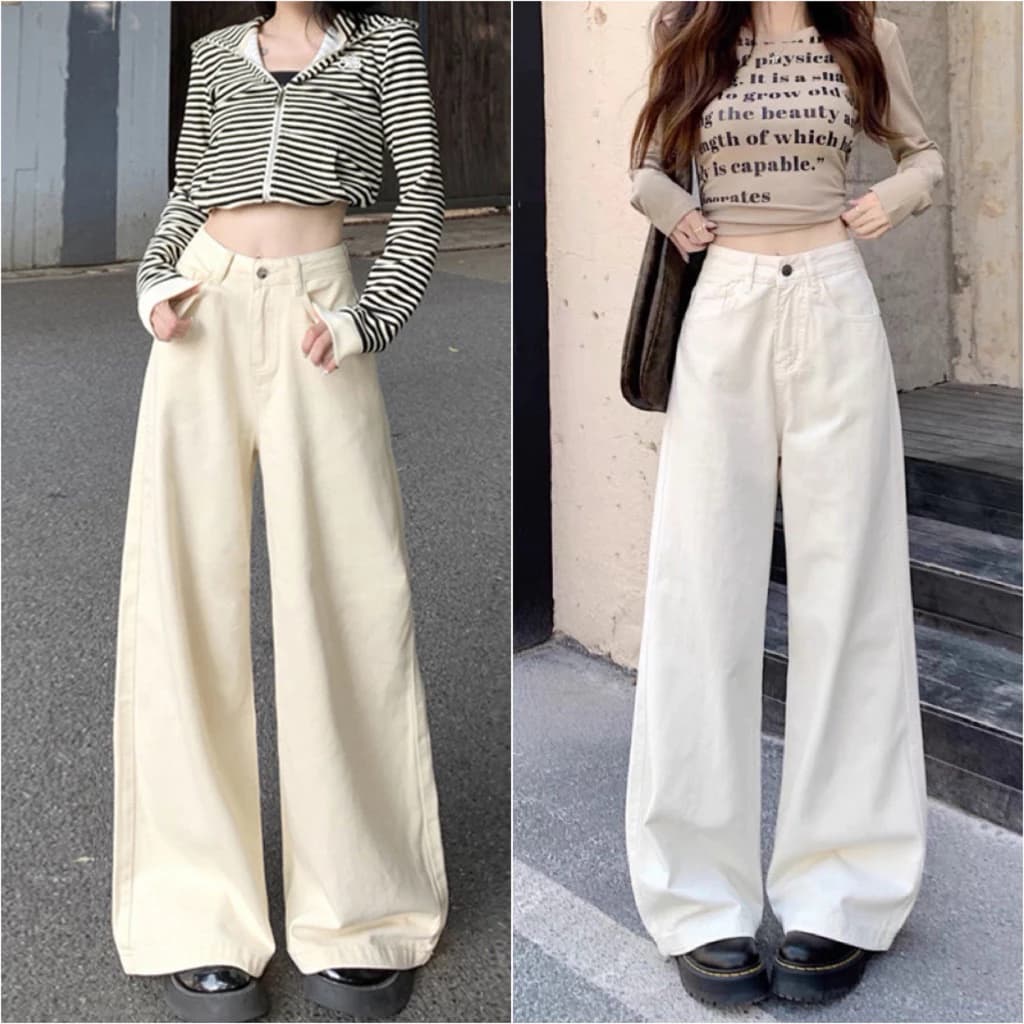 Quần jeans ống rộng màu trắng - be phong cách thanh lịch