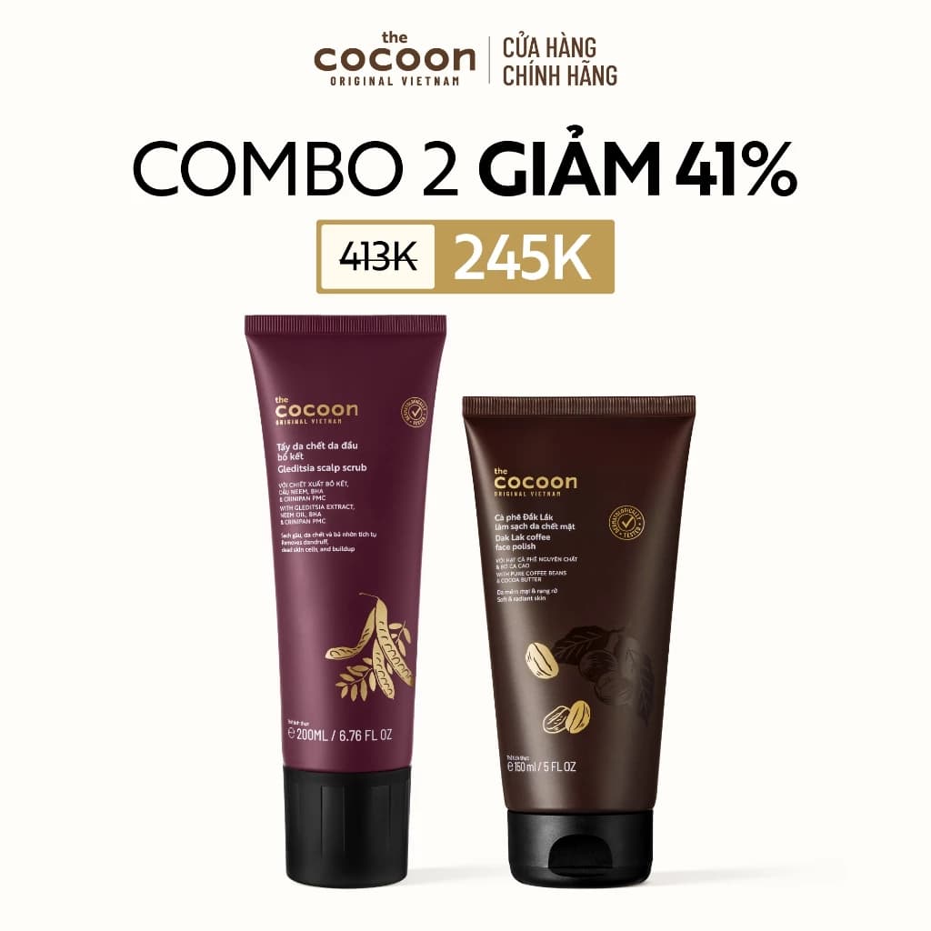 [MUA 2 GIẢM 41%] Combo 1 Tẩy da chết da đầu bồ kết 200ml + 1 Cà phê Đắk Lắk làm sạch da chết mặt Cocoon 150ml