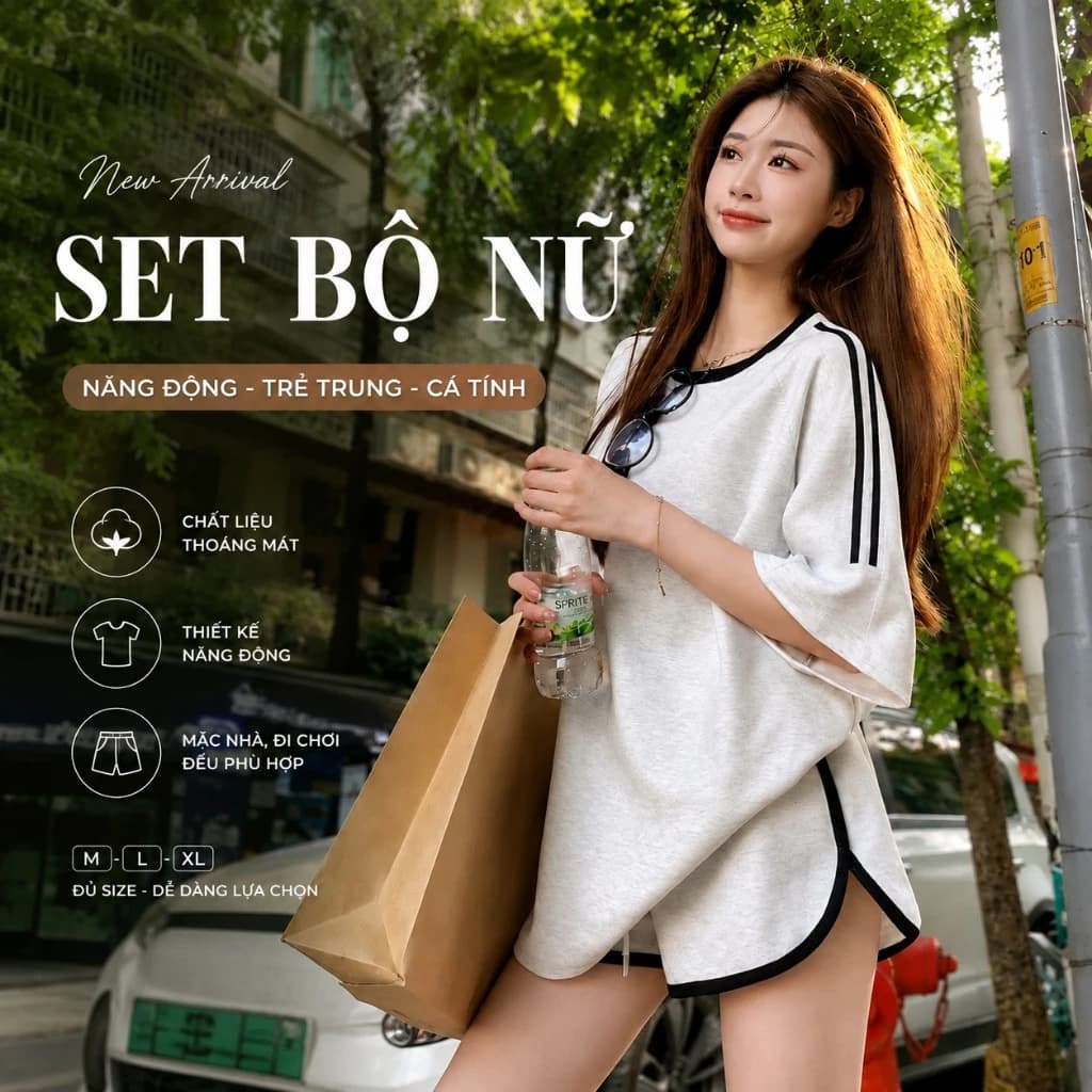 Set Bộ Nữ SPORTY CHIC Áo Thun Form Rộng Kẻ Sọc Tay Lỡ Phối Quần Short Đùi Viền Cong Phong Cách Thể Thao Ulzzang