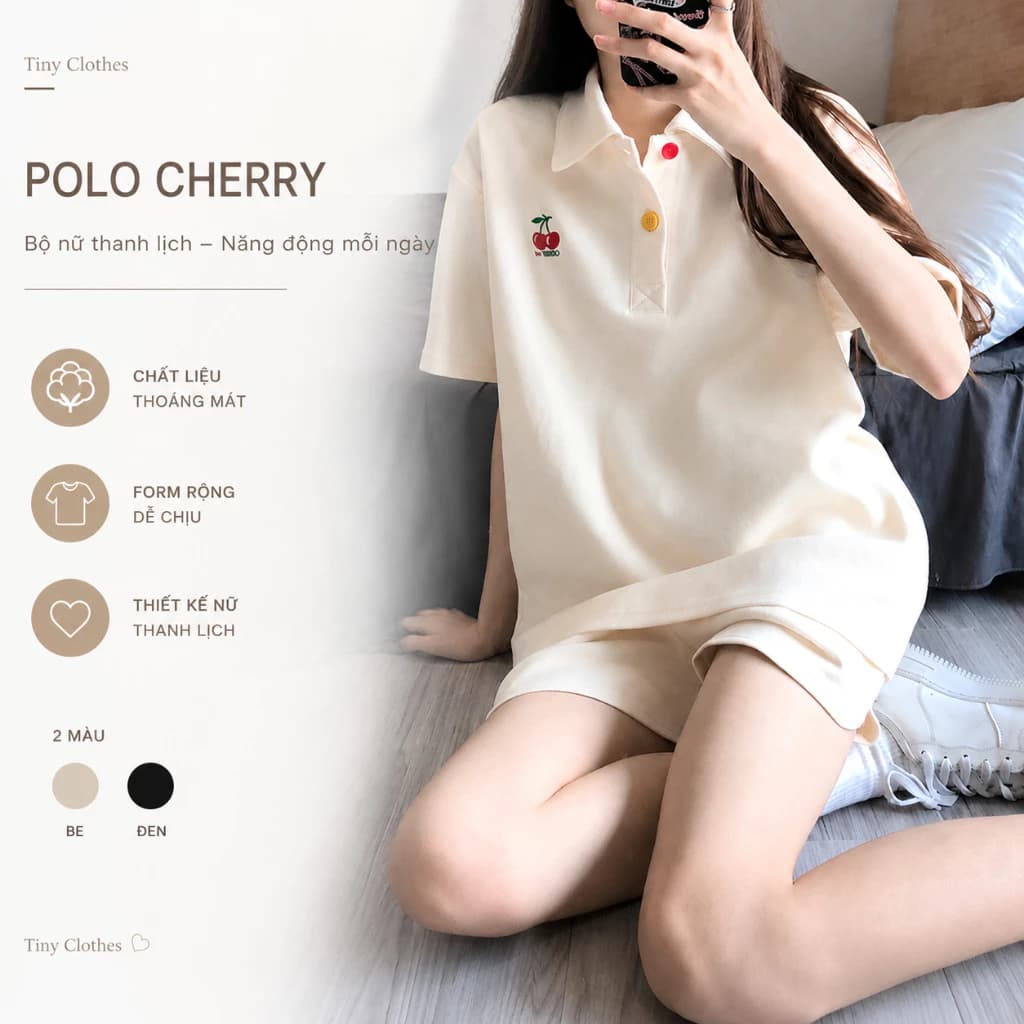 Set Đồ Nữ Thêu CHERRY - Bộ Quần Áo Nữ Cá Sấu PE Mát Áo Polo Tay Ngắn & Quần Short Đùi Dễ Thương Năng Động