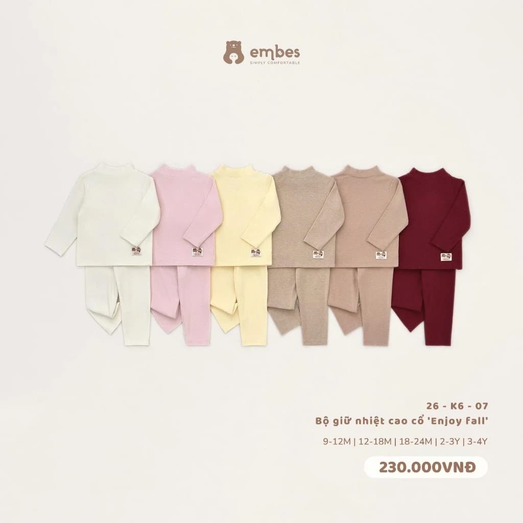 Bộ Giữ Nhiệt Cho Bé Embes, Bộ Đồ Dài Tay Cổ 3p Chất Rayon Mềm Ấm Cho Bé Trai Bé Gái Size Từ 8-18kg