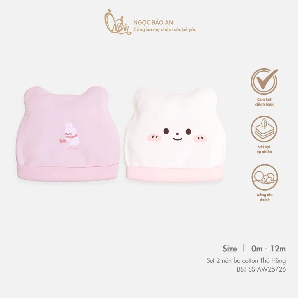 Set 2 Mũ Sơ Sinh M&B Vải Cotton Cao Cấp Mềm Mại Cho Bé Thoải Mái Không Bị Hằn Da, Nón Che Thóp