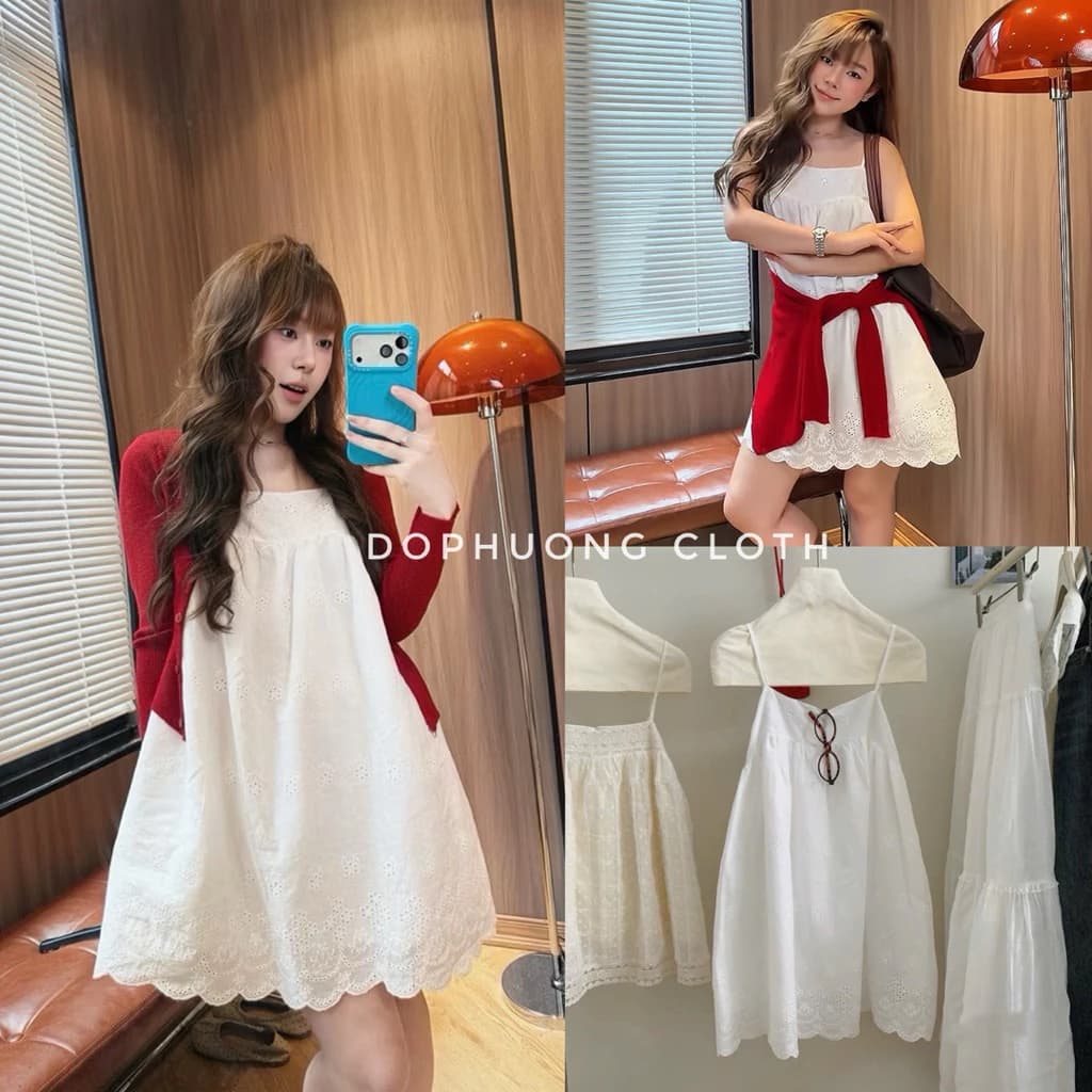(Hàng L1 sẵn - video chính chủ) Váy 2 dây kiểu nữ màu trắng thêu hoa thô boi dáng xoè babydoll BELLA DRESS