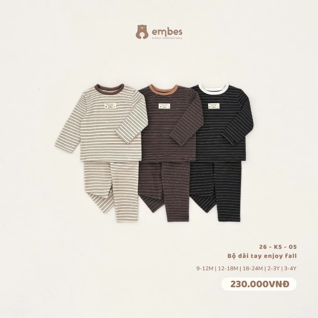 Bộ Dài Tay Cho Bé Embes, Bộ Kẻ Ngang Dài Tay Thu Đông Chất Dày Ấm Cho Bé Trai Bé Gái Size Từ 8-18kg