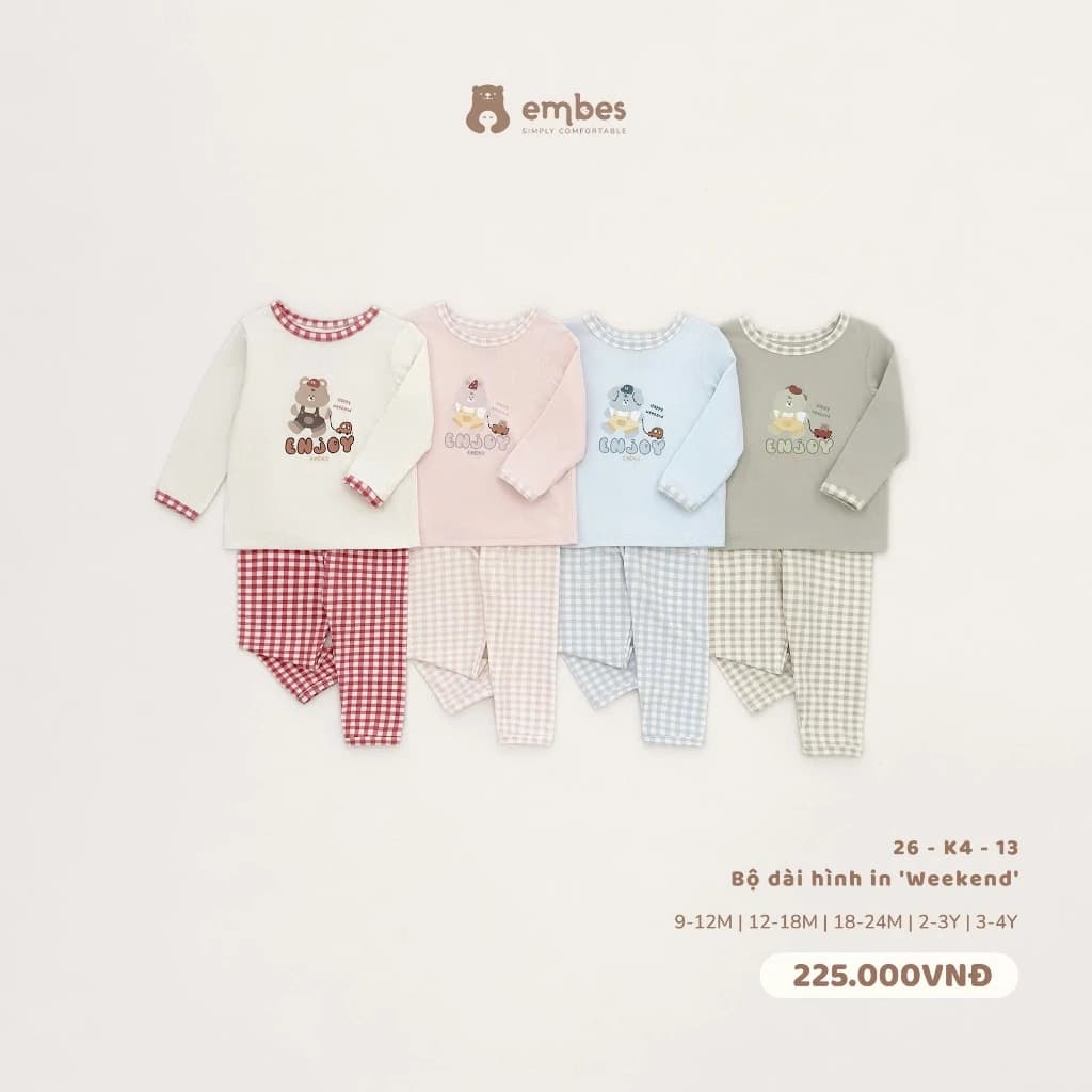 Bộ Dài Tay Cho Bé Embes, Bộ Thu Đông Họa Tiết Phối Quần Caro Chất Lyocell Mềm Cho Bé Size Từ 8-18kg