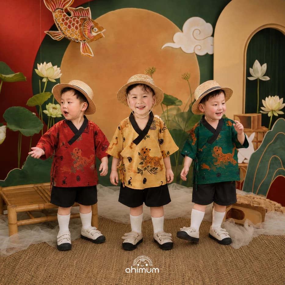 Bộ đồ trung thu bé trai AHIMUM Yukata ,Kim Hổ chất vải lụa gấm thoáng mát , du lịch,  Size bé trai  1-11 tuổi
