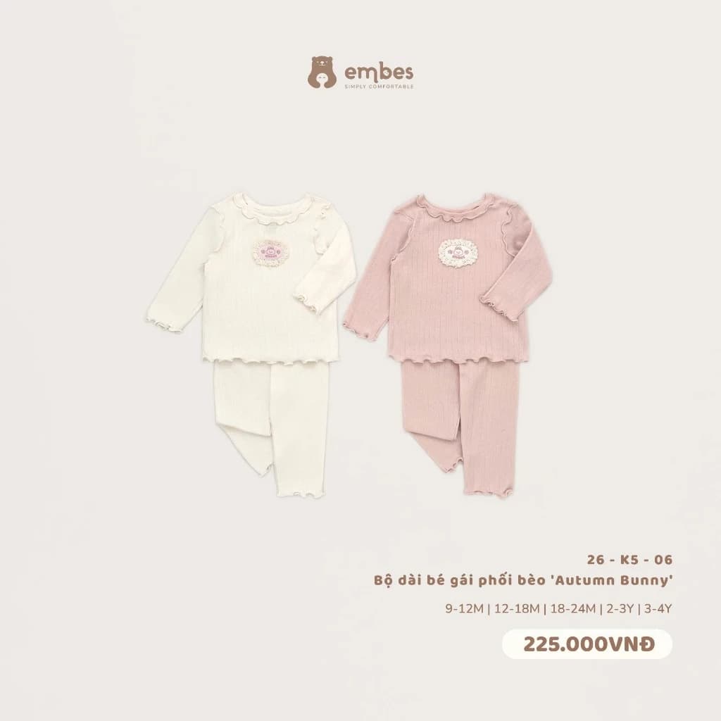 Đồ Bộ Cho Bé Gái Embes, Bộ Dài Tay Viền Bèo Ren Ngực Chất Cotton Thông Hơi Cho Bé Gái Size Từ 8-18kg