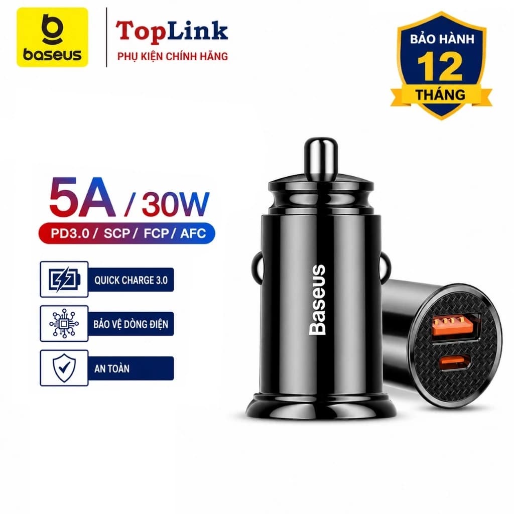 Tẩu Sạc Nhanh Mini Xe Hơi Ô Tô Baseus Công Suất 30W 1 Cổng USB 1 Cổng PD Tích Hợp QC 3.0, QC 4.0, PD 3.0