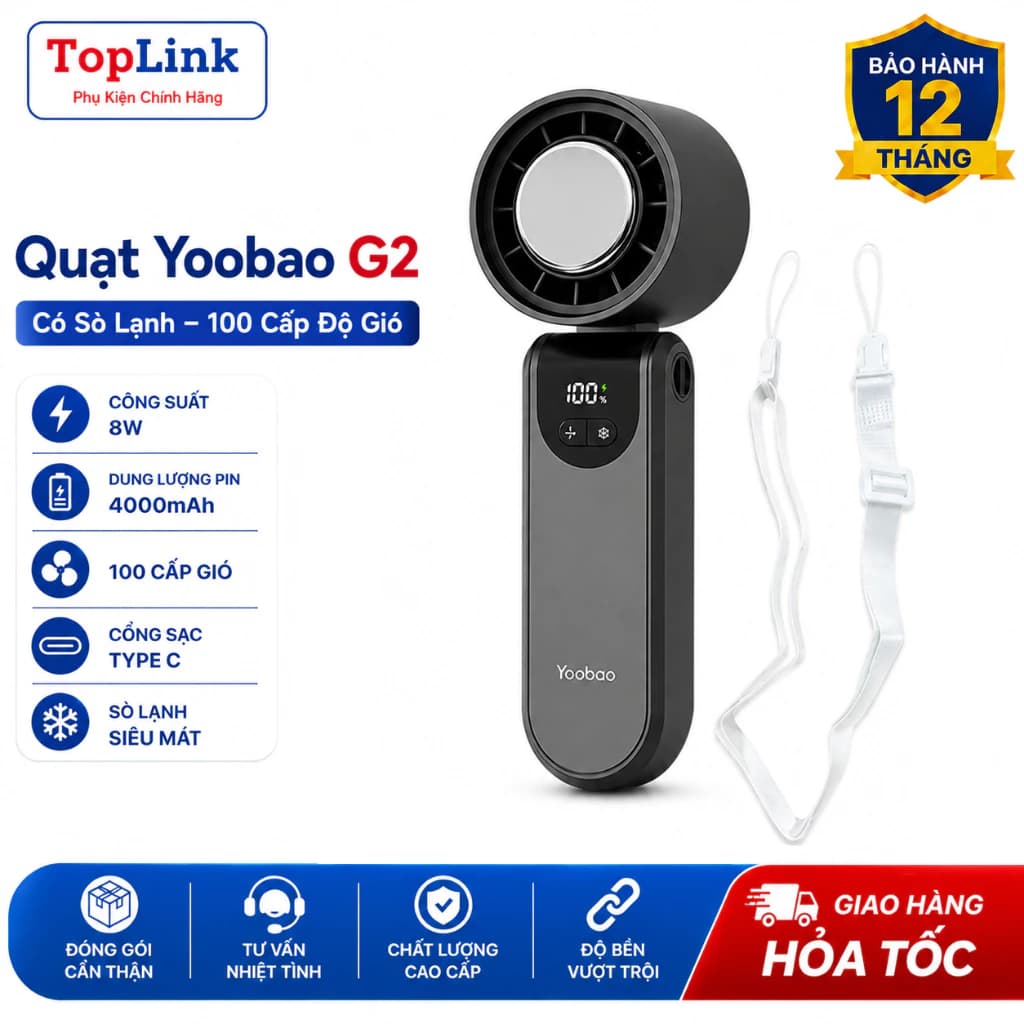 Quạt Cầm Tay Mini Yoobao G2 Siêu Mát Công Suất 8W Pin 4000mah 100 Cấp Gió, Với Sò Lạnh  Màn Hình Thị Pin Có Dây Đeo Cổ