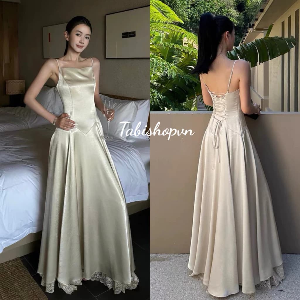 Đầm maxi 2 dây phối ren TABISHOP Váy lụa dài sang chảnh mặc đi tiệc đi biển slay(378)