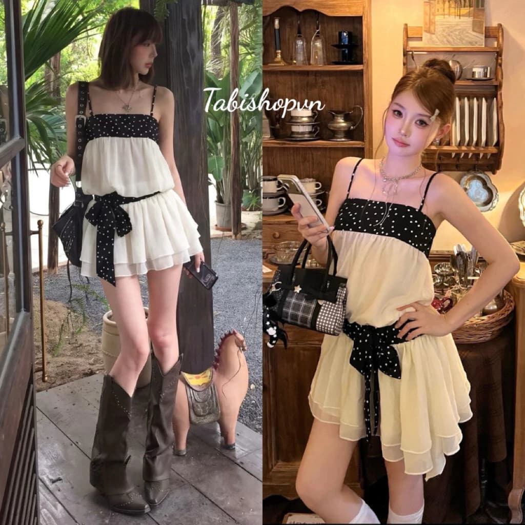 Đầm 2 dây phối chấm bi bo eo TABISHOP Váy nữ dễ thương mặc hè đi chơi(380)