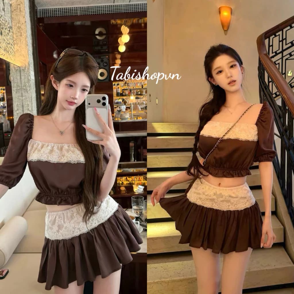 Set áo cổ vuông tay lửng kèm chân váy ngắn  màu nâu sang chảnh TABISHOP Set đồ tiểu thư cho nữ dạo phố đi chơi(381)