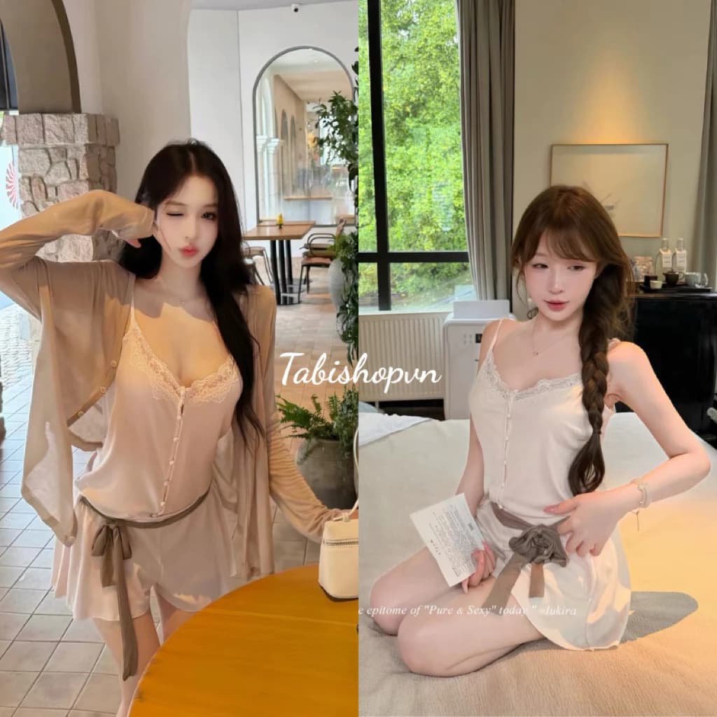 Đồ bộ nữ 3 món áo 2 dây, quần ngắn kèm khoác cardigan TABISHOP Set đồ nữ dễ thương mặc đi dạo đi chơi thu đông(390)