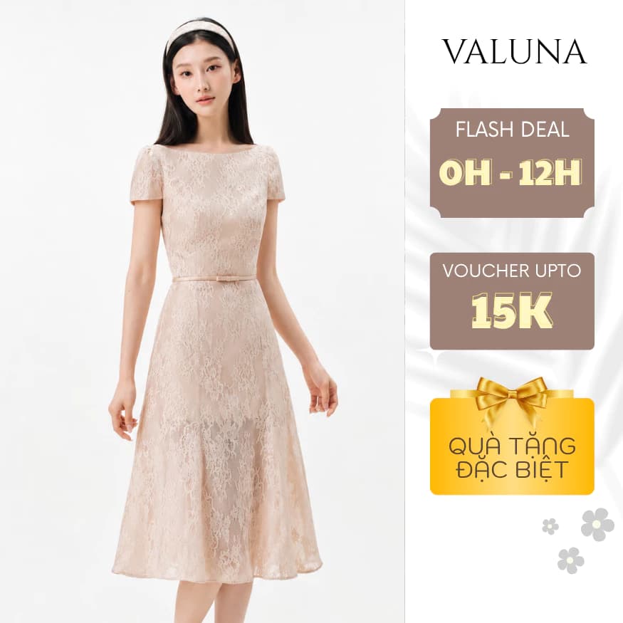 Váy ren phối tơ dáng dài nữ cổ ngang thắt eo thanh lịch sang trọng dự tiệc VALUNA STORE 2755