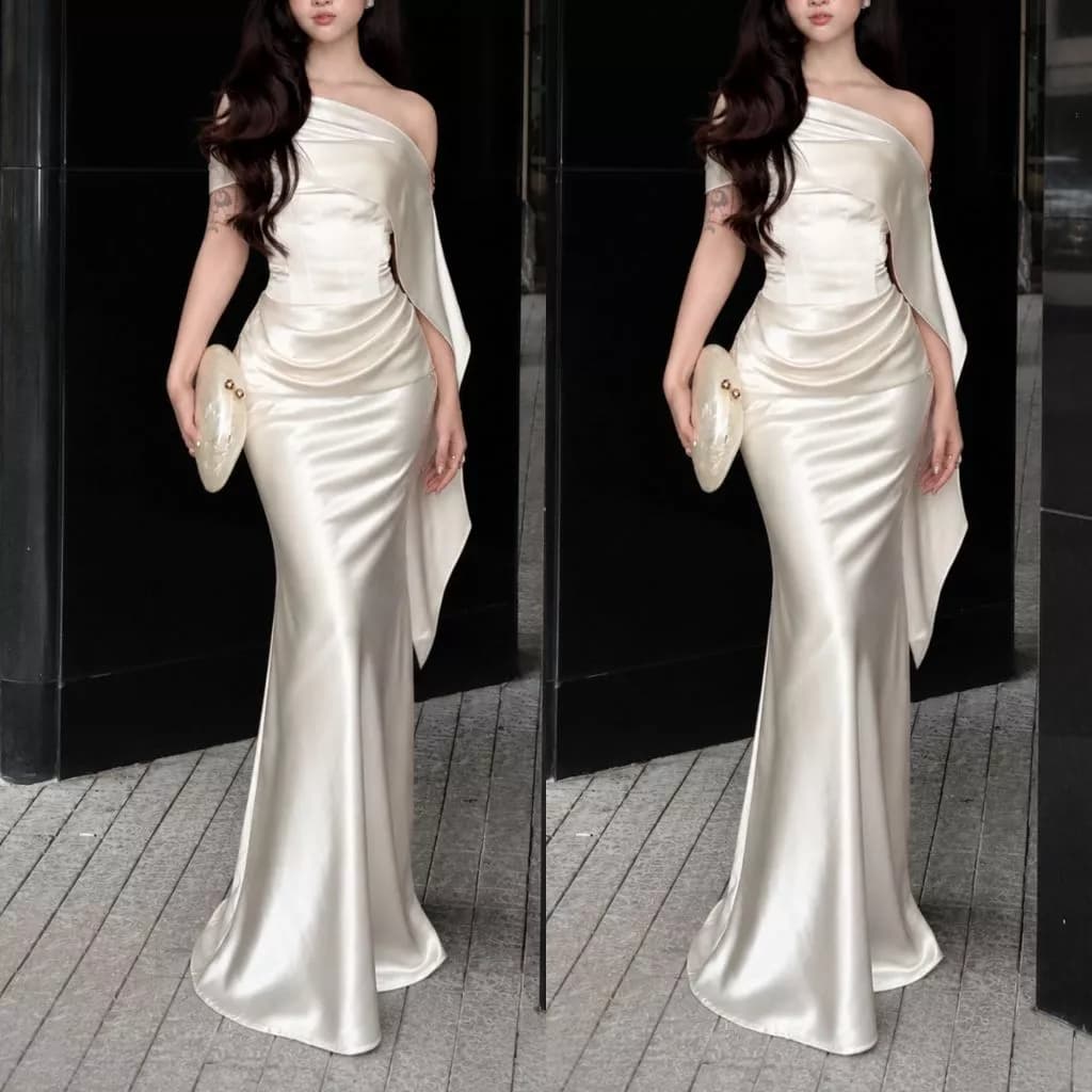 Váy Lụa Cúp Dài Corset Có Mút Kèm Choàng NV866 Đầm Dự Tiệc Sang Trọng Chiết Eo Xếp Ly Thanh Lịch