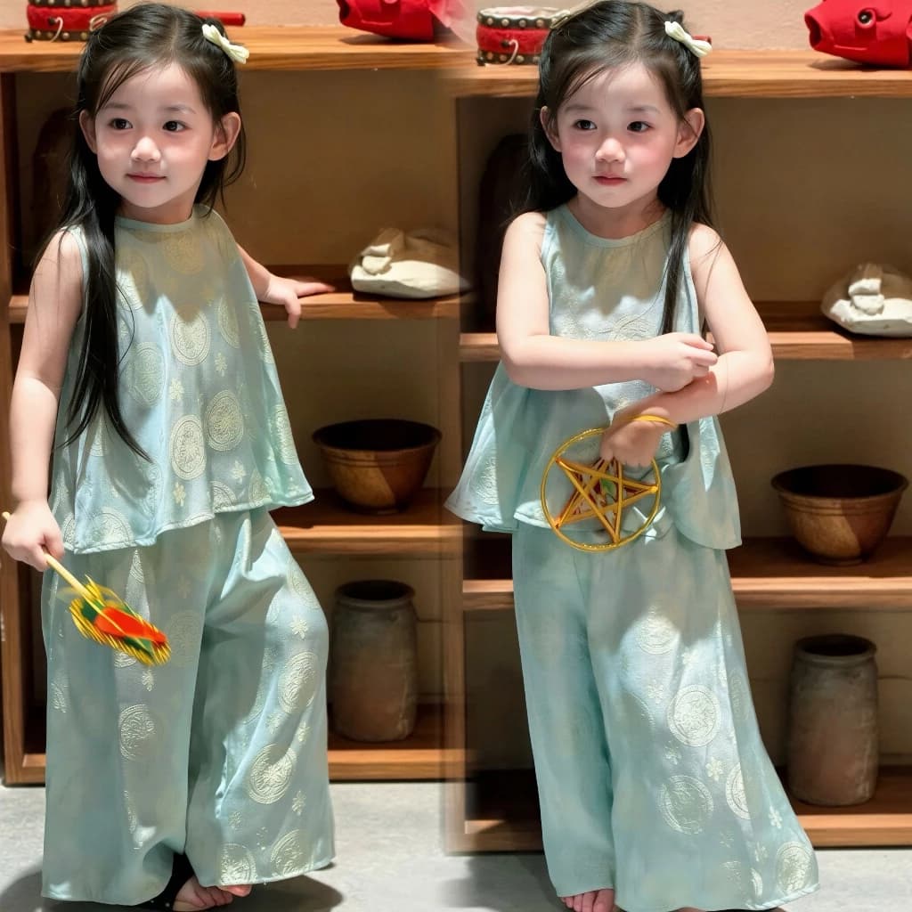Set lụa gấm cho bé gái kèm quần dài ống suông gấm chìm sang chảnh, bộ lụa gấm cách tân diện lễ Tết Trung thu cho bé- M70