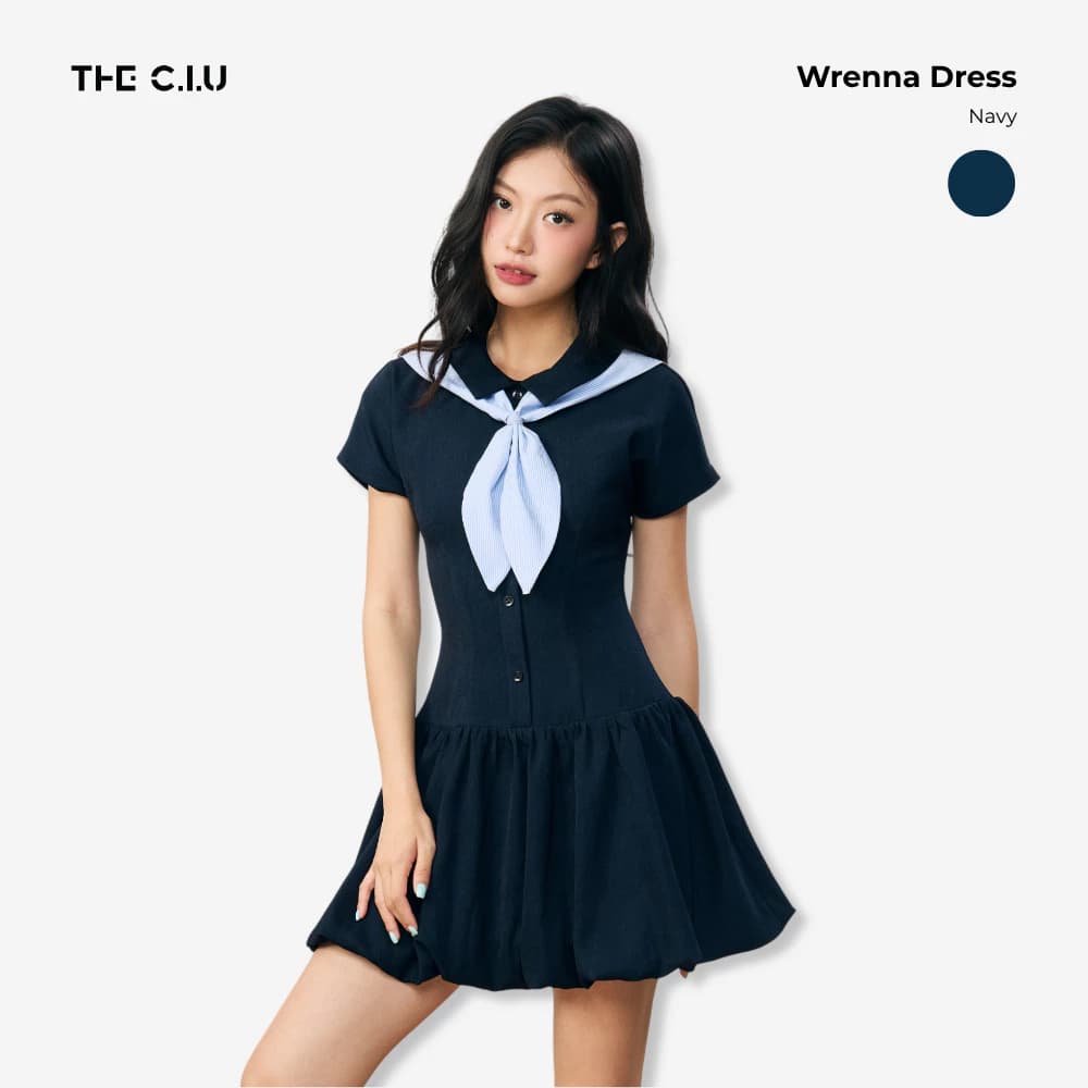 [Best seller] Đầm xòe cổ sơ mi tay ngắn THE C.I.U, váy liền dáng xòe kèm khăn choàng - Wrenna Dress