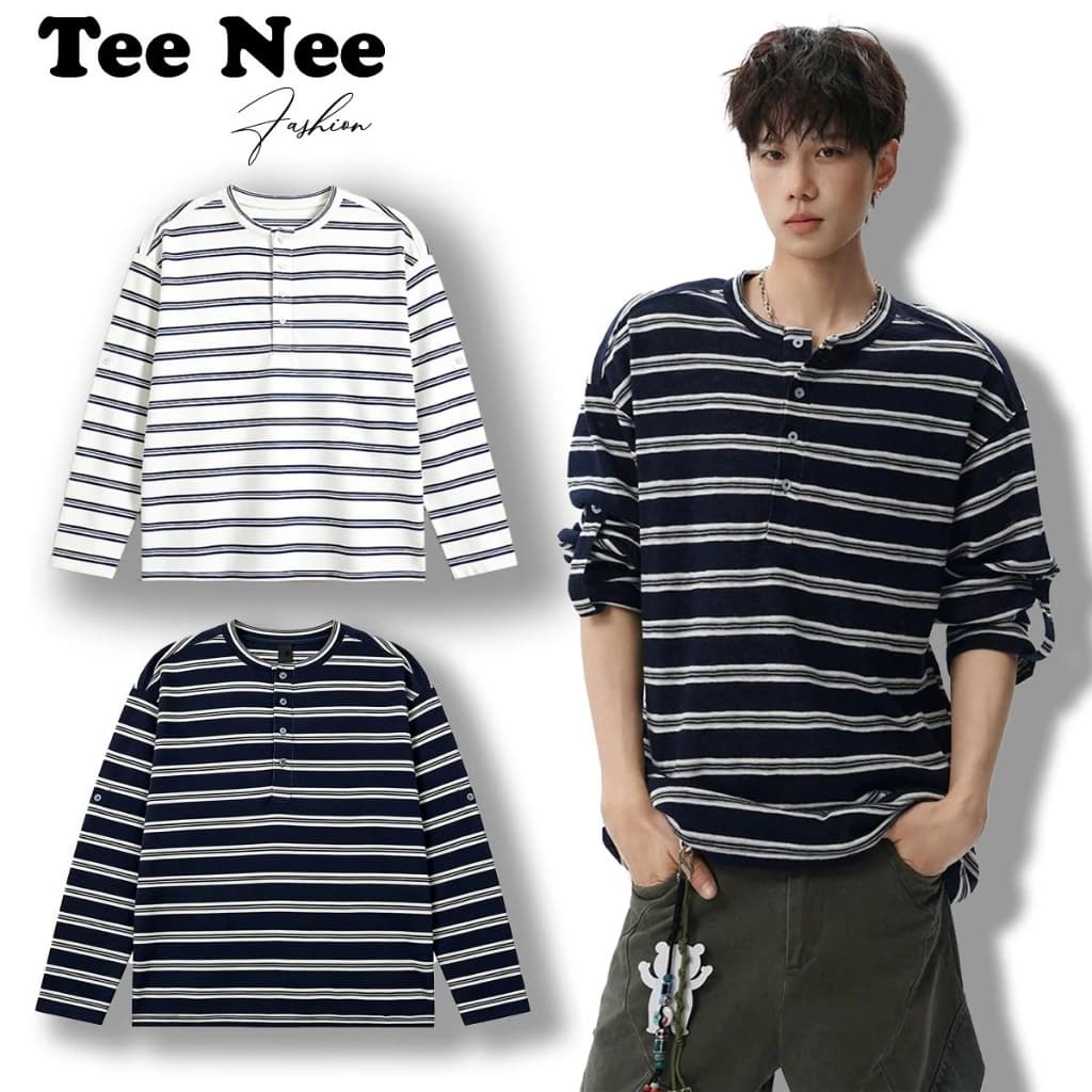 Áo Thun Dài Tay Nam Nữ Kẻ Sọc Ngang TeeNee Form Rộng Basic, Thiết Kế Có Dây Kéo Tay Áo Phong Cách, Chất Liệu Cotton Giấy