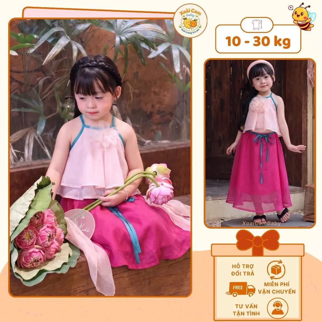 Set Yếm Váy Trung Thu Bé Gái, Váy Yếm Bé Gái 2 Tầng Điệu Đà Đồ Trung Thu Cho Bé Gái Dễ Thương - S33