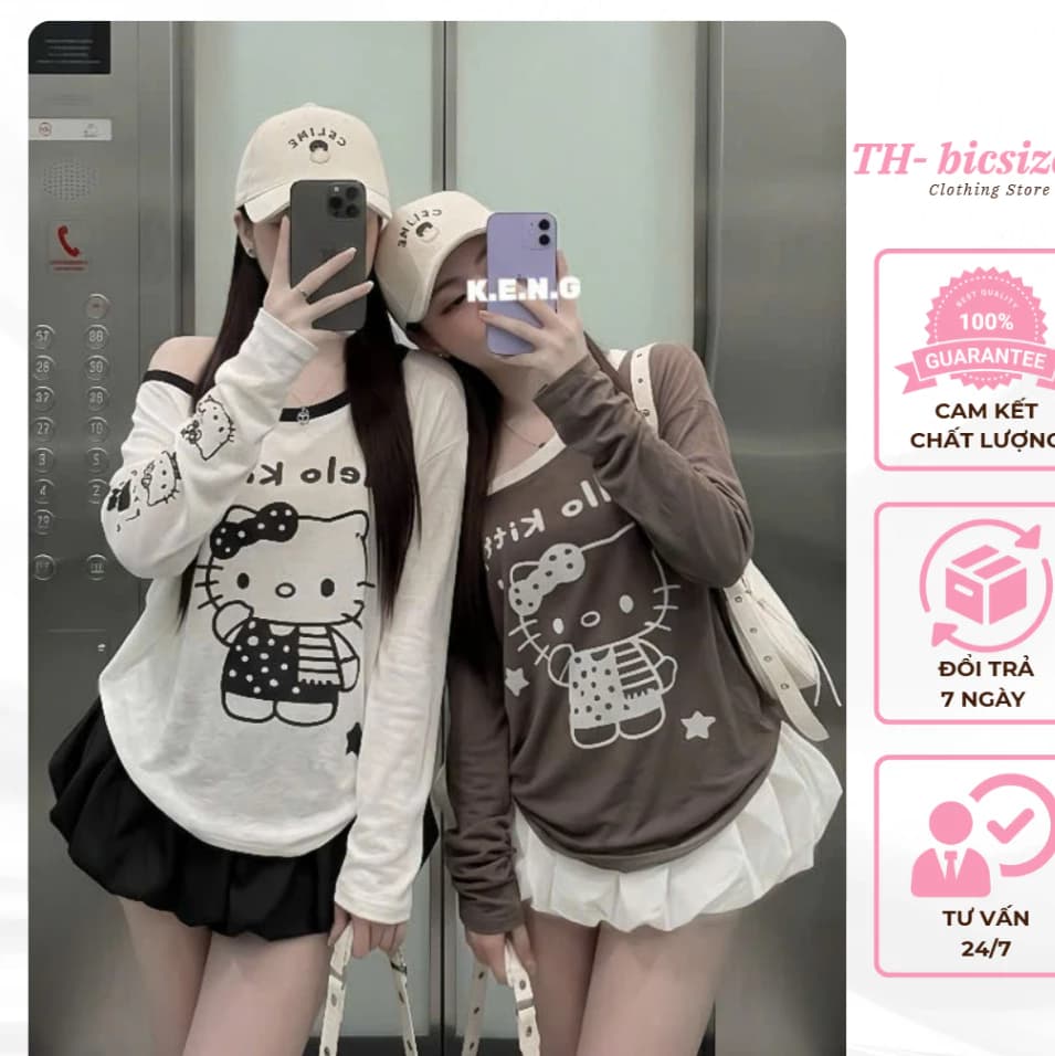 Set áo thun cotton thô dài tay trễ vai in hình mèo hello kitty mix chân váy thô 2 lớp