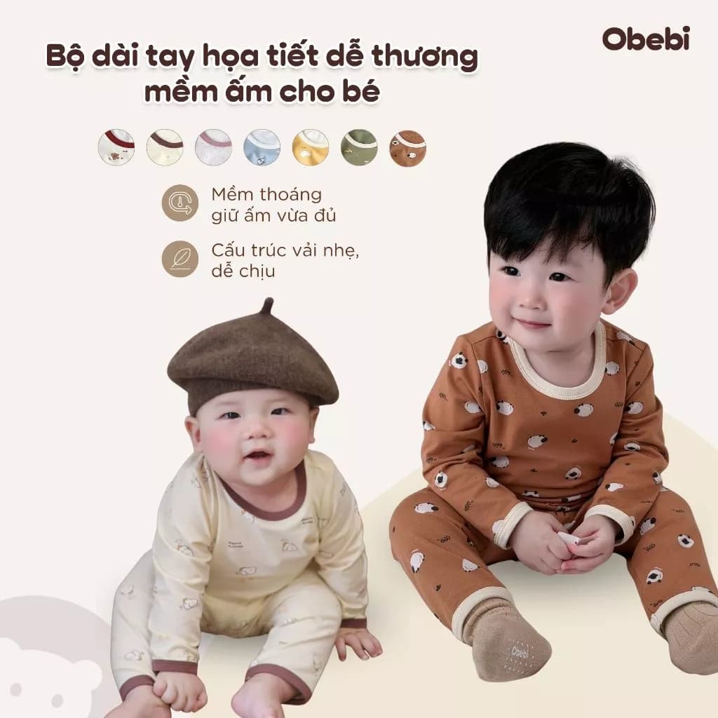 Bộ Dài Tay Họa Tiết Phối Màu Viền Hình In Full Dễ Thương Obebi Cho Bé Trai Và Bé Gái 6-22KG BMN268