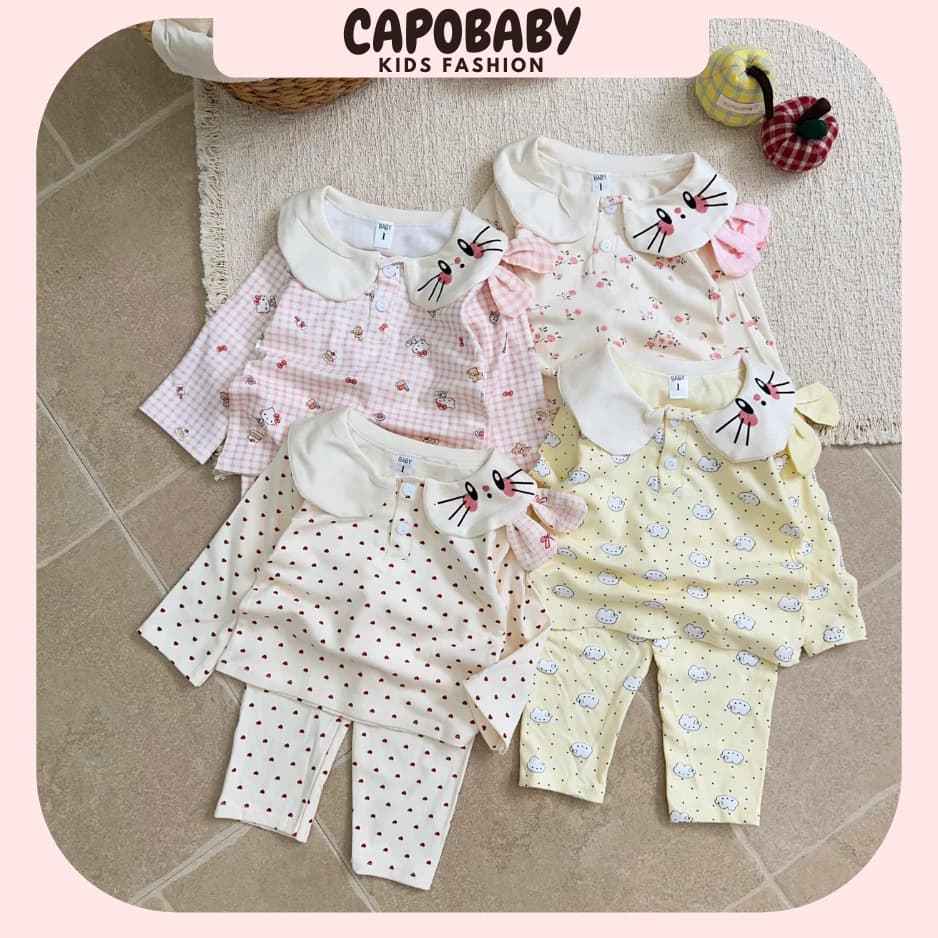 Set Bộ Bé Gái Cổ Sen Thêu Mèo Dễ Thương, Đồ Bộ Dài Tay Họa Tiết Ging ham Hoa Nhí Trái Tim , Thời  Trang   Thu Đông[TD67]