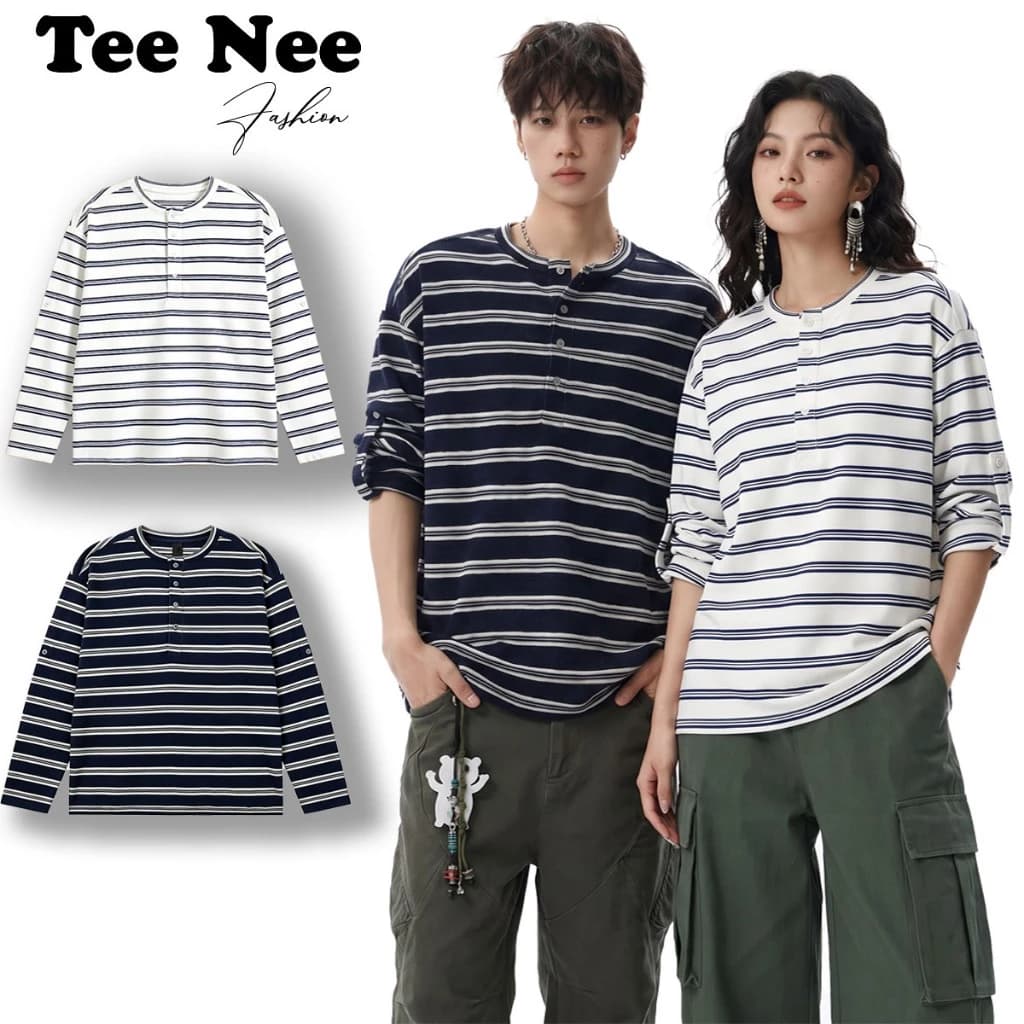 [DEAL MỞ BÁN] Áo Thun Dài Tay Cổ Tàu Nam Nữ Kẻ Sọc TeeNee, Chất Liệu Vải Cotton Giấy Cao Cấp Mềm Co Giãn Tốt ATDTDKT