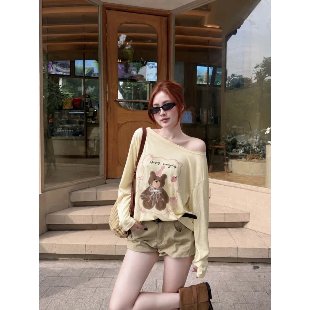 Áo thun trễ vai cho nữ chất cotton giấy in hình gấu form dưới 60kg