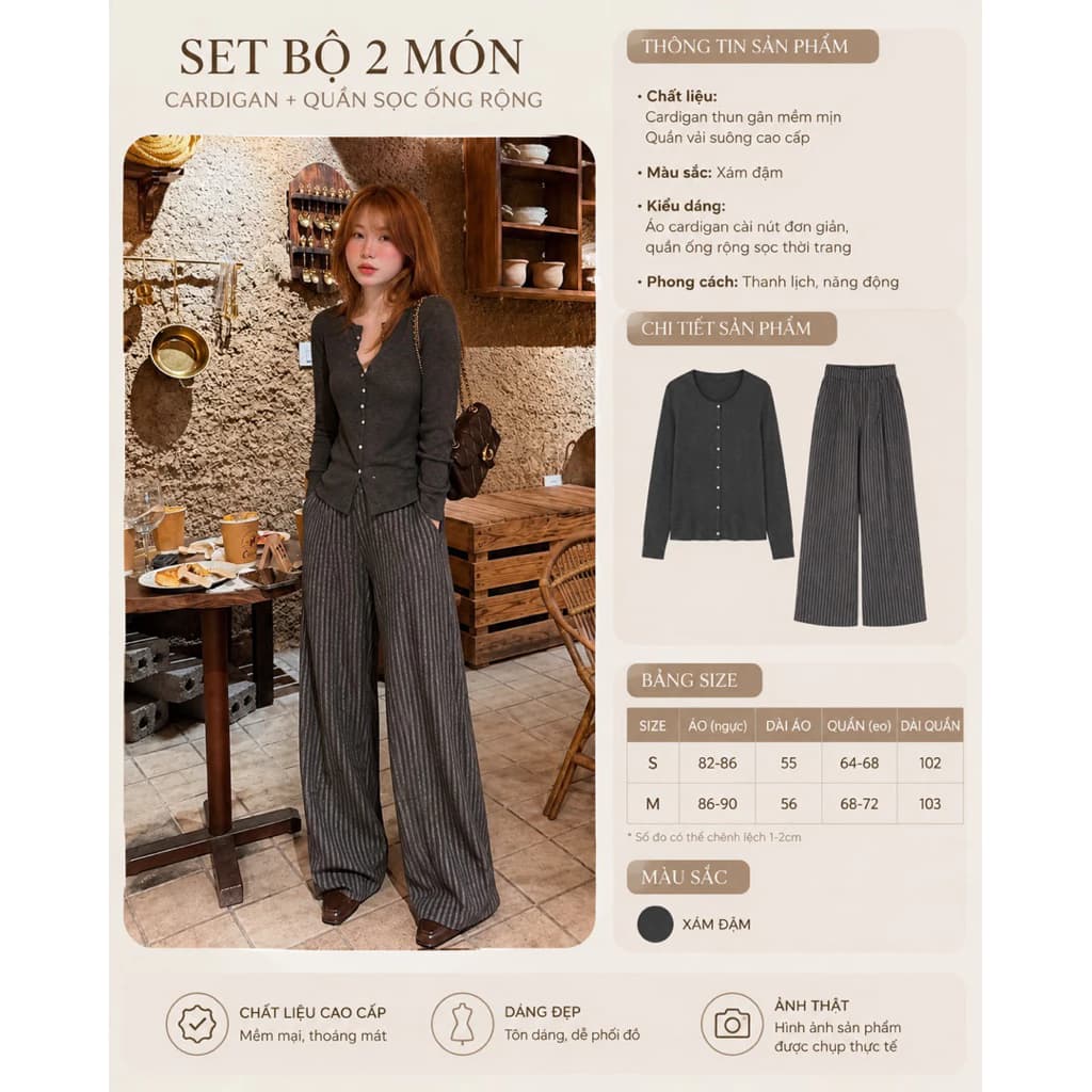 Set Đồ Nữ Thu Đông Áo Cardigan Tay Dài Dáng Ôm Nhẹ Quần Ống Rộng Vải BC Kẻ Sọc Cotton Bozip Tôn Dáng Mặc Cà Phê Dạo Phố