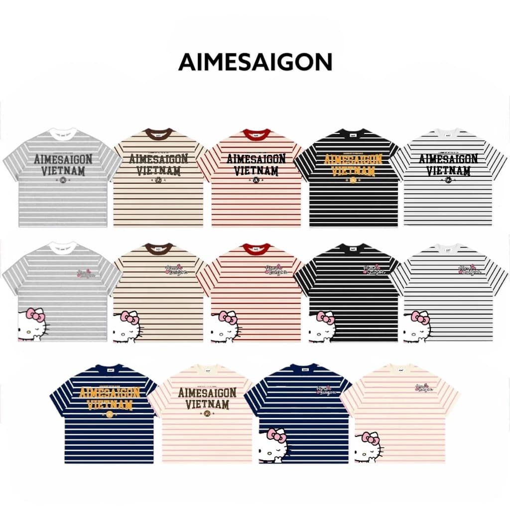 [TNSN] Áo Thun Boxy AIMÉ Sọc Ngang Cổ Tròn Borip QC Striped "CHỮ-Mèo Kitty" Form Rộng Áo Phông Nữ Kiểu Đẹp Nam Nữ Basic