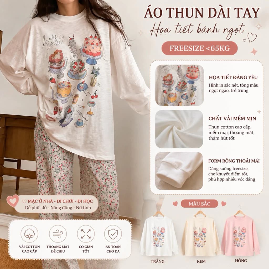 Áo thun nữ tay dài form rộng in hình bánh ngọt vintage chất thun giấy mỏng mát phong cách Hàn Quốc