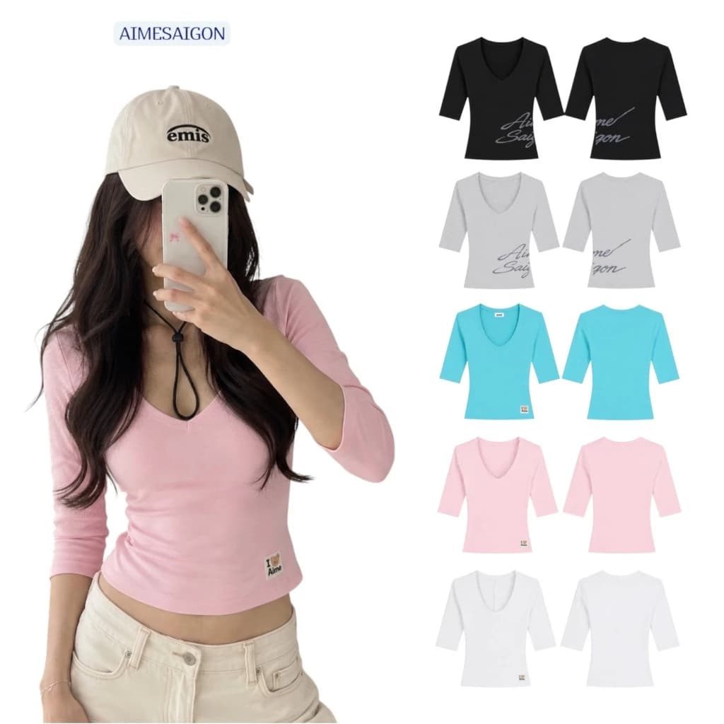 [SẴN HOẢ TỐC] Aimesaigon Áo Thun Tay Lỡ Lửng Cổ V Borip Mùa Hè Ôm Tôn Dáng Mềm Mịn - AKIEU01