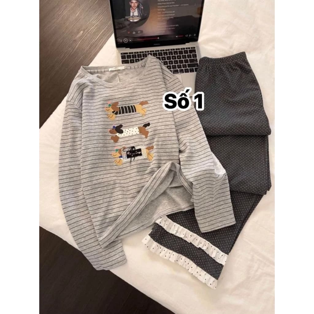 Bộ Đồ Ngủ Nữ Dài Tay Mặc Nhà Thu Đông Họa Tiết Cún Dễ Thương – Set Pijama Nữ Thoải Mái, Xinh Xắn